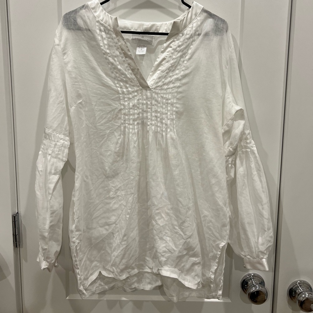 Soft Surroundings White Linen Peasant Boho Blouse Medium Verticle Pleating Light